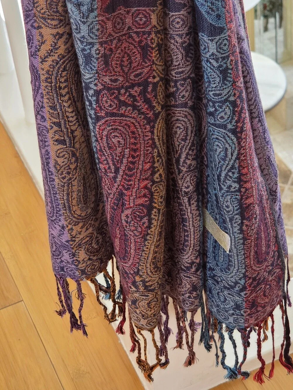 Paisley Pashmina Wrap Purple Blue 70% Pashmina 30% Silk Scarf XL Shawl + Fringe